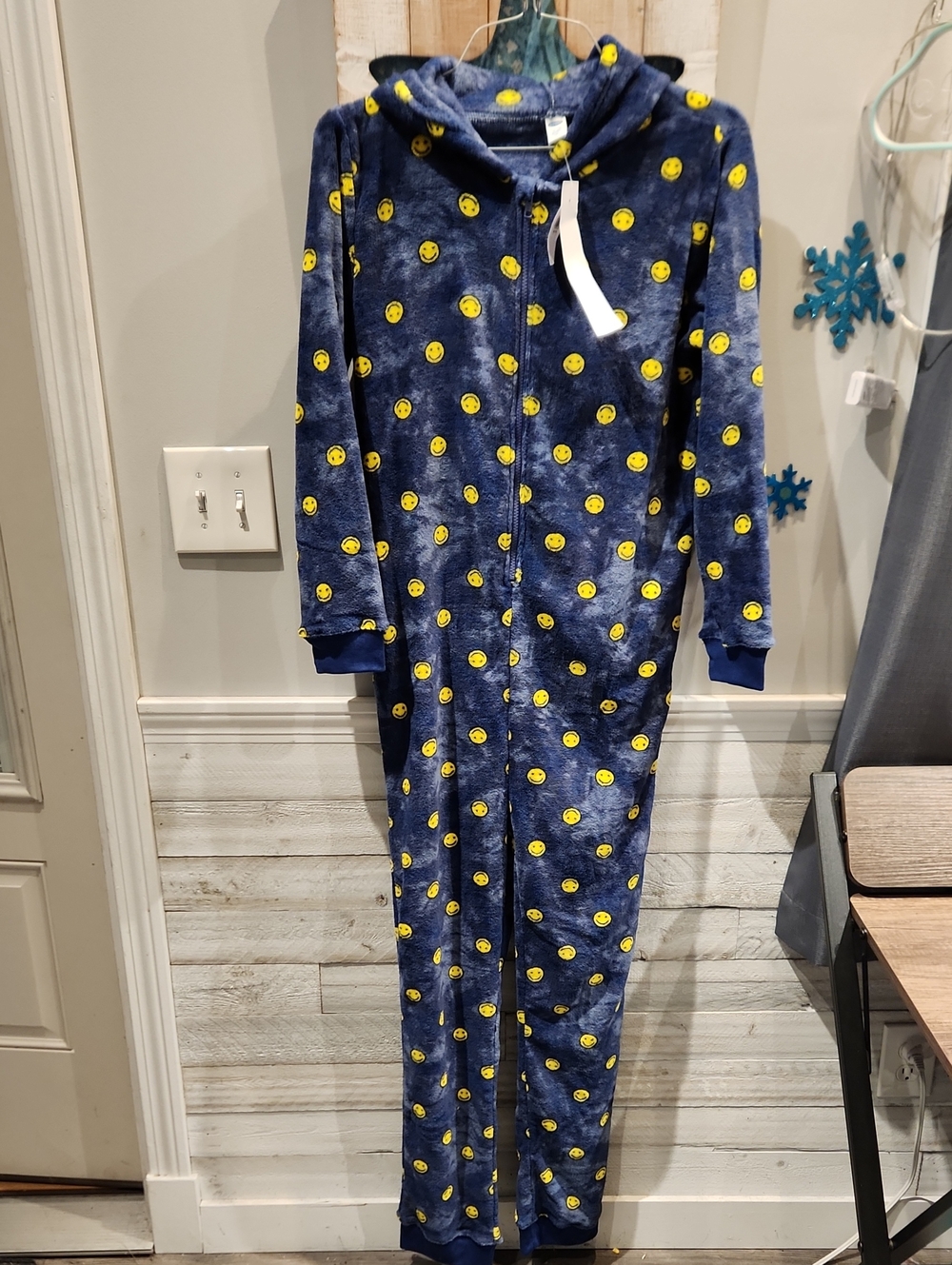 NWT Old Navy Navy Blue Fleece Onesie Pajamas w/Yellow Smiley Print Sz XXL (18)